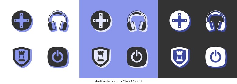 Set Power button, Game controller or joystick, Chess shield and Headphones icon. Vector