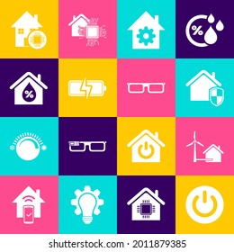 Set Power button, House with wind turbine, under protection, Smart home settings, Battery, humidity,  and Glasses icon. Vector