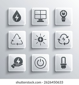 Set Power button, LED light bulb, Battery with recycle, Solar energy panel, Lightning bolt, Recycle symbol, Water and lightning icon. Vector