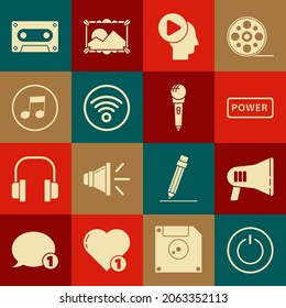 Set Power button, Megaphone, Head people with play, Wi-Fi wireless internet network, Music note, tone, Retro audio cassette tape and Microphone icon. Vector