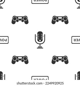 Set Power button, Microphone and Gamepad on seamless pattern. Vector