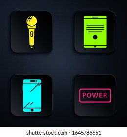 Stellen Sie den Betriebsschalter, das Mikrofon, das Smartphone, das Mobiltelefon und das Tablet ein. Schwarze Quadrat-Taste. Vektorillustration