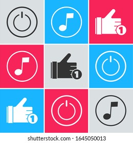 Botón de encendido, nota musical, tono y icono similar a mano. Vector