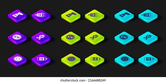 Set Power button, Nuclear energy battery, Molecule, bomb, Radiation electrical plug and power plant icon. Vector