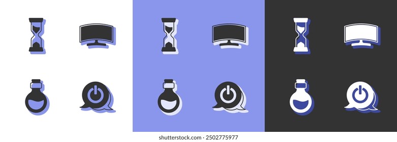 Set Power button, Old hourglass, Bottle with magic elixir and Computer monitor icon. Vector