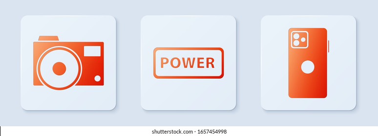 Set Power button, Photo camera and Smartphone, mobile phone. White square button. Vector