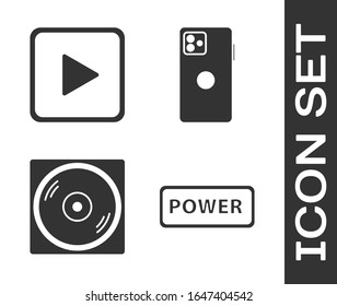 Set Power button, Play in square, Vinyl disk and Smartphone, mobile phone icon. Vector
