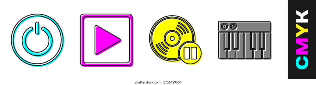 Set Power button, Play in square, Vinyl disk and Music synthesizer icon. Vector