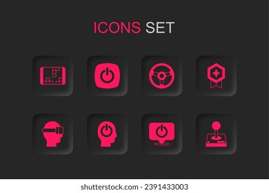 Set Power button, Portable video game console, Game rating with medal, Joystick for arcade machine, Racing simulator and Virtual reality glasses icon. Vector