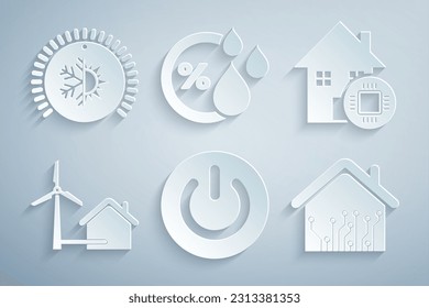 Set Power button, Smart home, House with wind turbine, Humidity and Thermostat icon. Vector
