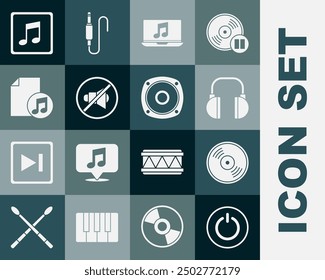 Set Power button, Vinyl disk, Headphones, Laptop with music note, Speaker mute, Music book, tone and Stereo speaker icon. Vector