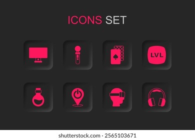 Set Power button, VR controller game, Computer monitor, Virtual reality glasses, Level, Headphones, Playing cards and Bottle with magic elixir icon. Vector