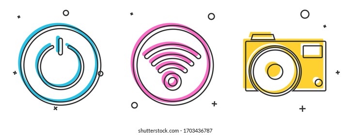 Set Power button, Wi-Fi wireless internet network and Photo camera icon. Vector