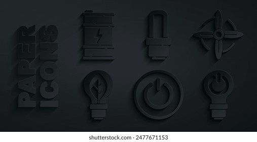 Conjunto de Botón de energía, turbina de viento, bombilla con hoja, rayo, led y el icono del barril de combustible Bio. Vector