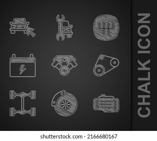 Set Power car engine, Car brake disk with caliper, Check, Timing belt kit, Chassis, battery, Gear shifter and Online sharing icon. Vector