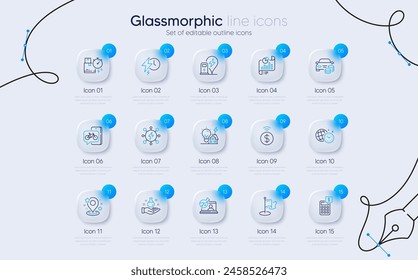 Set of Power, Charging station and Pin line icons for web app. Chemistry lab, Milestone, Building energy icons. Buy car, Bike app, Charging time signs. Contactless payment, Calculator. Vector