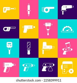 Set Power electric generator, Paint spray gun, Electric circular saw, Leaf garden blower, cordless screwdriver, Reciprocating, Rotary hammer drill machine and Construction jackhammer icon. Vector