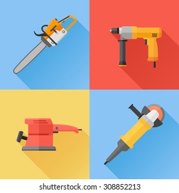 Set of power electric tools flat icons. Chainsaw, hand drill, sander and angle grinder. Vector illustration.