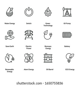 Set of Power and Energy Line Icons. Power Plant, Energy Saving Lamp, Wind Turbine,  Solar Station, High Voltage Line, Electric Plug, Power Socket, Battery and more.