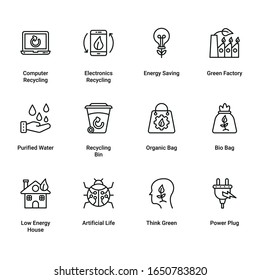 Set of Power and Energy Line Icons. Power Plant, Energy Saving Lamp, Wind Turbine,  Solar Station, High Voltage Line, Electric Plug, Power Socket, Battery and more.