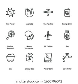 Set of Power and Energy Line Icons. Power Plant, Energy Saving Lamp, Wind Turbine,  Solar Station, High Voltage Line, Electric Plug, Power Socket, Battery and more.