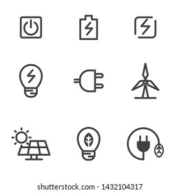 Set of power and energy related icon line design such as battery, plug, bulb and other suitable for interface icon or modern graphic design 