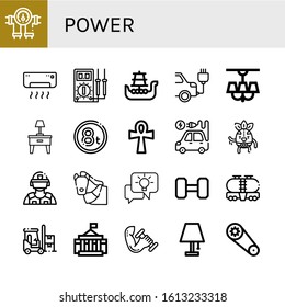 Set of power icons. Such as Gauge, Air conditioner, Multimeter, Battleship, Electric car, Lamp, Weight, Ankh, Electric vehicle, Wrestler, Riot police, Horse, Idea , power icons