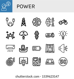 Set of power icons. Such as Idea, Data cable, Pumpjack, Gear, Brainstorm, Motorcycle, Crown, Fan, Light bulb, Oil truck, Air conditioner, Battleship, Battery, Dam , power icons