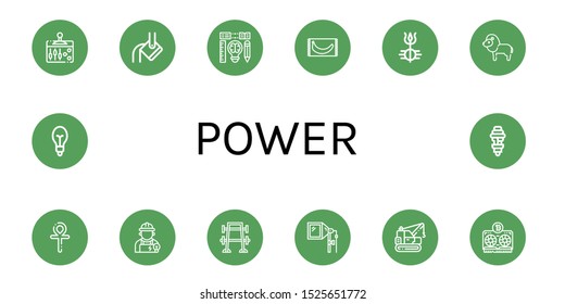 Set of power icons. Such as Lever, Heavy, Creativity, Banana, Shiva, Lion, Ankh, Electrician, Bench press, Flash, Machinery, Vga, Light bulb , power icons