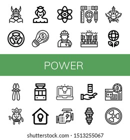 Set of power icons such as Viking, Radioactive, Sumo, Creative, Atomic, Electrician, Creativity, Fans, Coat of arms, Ecology, Plier, Wrestler, Tramway, Lighting, Idea , power
