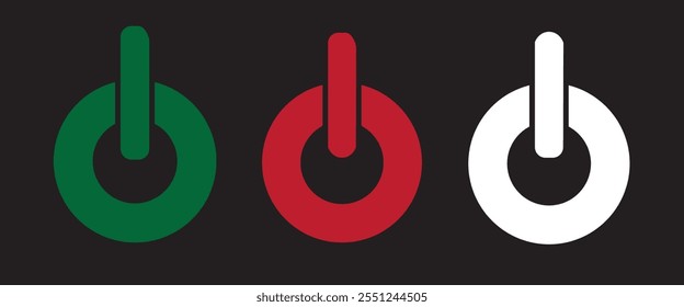 Set of Power On, Off Button Icons in White, Red, and Green Colours. Voctor Design. Black Background. Vector illustration.