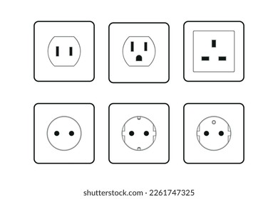 Set of power outlet icons. Type A, B, C, G, E, F outlet icons in white color. Vector illustration