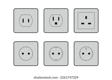 Conjunto de iconos de toma de corriente. Iconos de salida de tipo A, B, C, G, E, F en color gris. Ilustración del vector