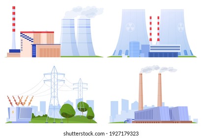 Set of power plants of different types. Nuclear energy, thermal power plant. Electricity supply. Vector illustration in cartoon style