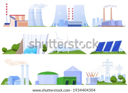 Set of power plants of different types. Nuclear energy, thermal power plant. Hydroelectric power station, geothermal energy, solar panels, wind electricity. Electricity supply. Vector illustration in