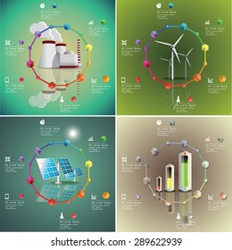 Conjunto de imágenes vectoriales de plantas de energía. Infografía de la industria ecológica