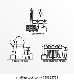 Set von PowerStation-Symbolen. Vektorillustration trendiger Linienstil.Ökologie-Konzept. Solare Wasserkraft- und Wärmekraftwerke.
