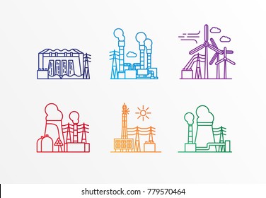 Set of power station icons. Vector trendy lineaar style. Ecology concept. Nuclear geothermal wind solar hydro and thermal power plants.