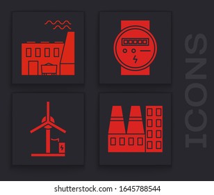 Set Power station plant and factory, Coal power plant and factory, Electric meter and Wind turbine icon. Vector
