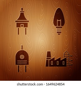 Set Power station plant and factory, Electric plug, Electric plug and Light bulb on wooden background. Vector