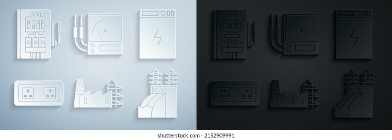 Set Power station plant and factory, bank, Electrical outlet, Nuclear power, Ampere meter, multimeter, voltmeter and panel icon. Vector