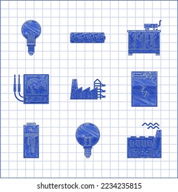 Set Power station plant and factory, Light bulb, Coal power, bank, Battery, Ampere meter, multimeter, voltmeter, Diesel generator and with concept of idea icon. Vector