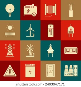 Kraftwerk und Fabrik, Stromauslass, Stecker, elektrische Kabeltrommel für Draht, Windturbine, Solarenergie-Panel Sonne, Glühbirne und Batteriesymbol. Vektorgrafik