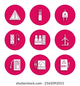 Set Power station plant and factory, Ampere meter, multimeter, voltmeter, Electrical panel, Wind turbine, Battery, extension cord, plug and Exclamation mark triangle icon. Vector