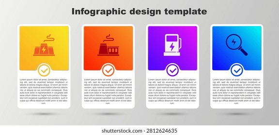 Set Power station plant factory, Factory, Electric car charging and Lightning bolt. Business infographic template. Vector