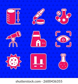 Set Power station plant, Graph chart infographic, Test tube, Eye scan, Virus, Telescope, Medicine pill and Height geometrical figure icon. Vector