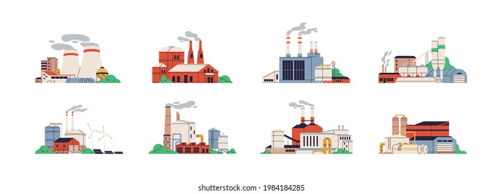 Set of power stations and plants for energy generation. Different types of factory buildings of heavy industry, generating electricity. Colored flat vector illustration isolated on white background - Shutterstock ID 1984184285