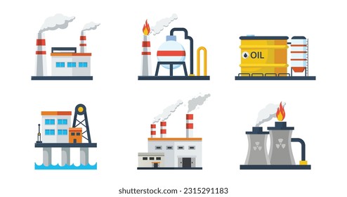 Set of power stations and plants for energy generation. Different types of factory buildings of heavy industry, generating electricity. 