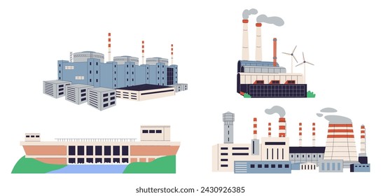 Set of power stations and plants for energy generation. Different types of factory buildings of heavy industry, generating electricity. Colored flat vector illustration isolated on white background