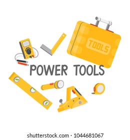 Set of power tools. Electric plane, ammeter, spirit level, tape measure, flashlight, try square, tool box. Vector illustration in a flat style